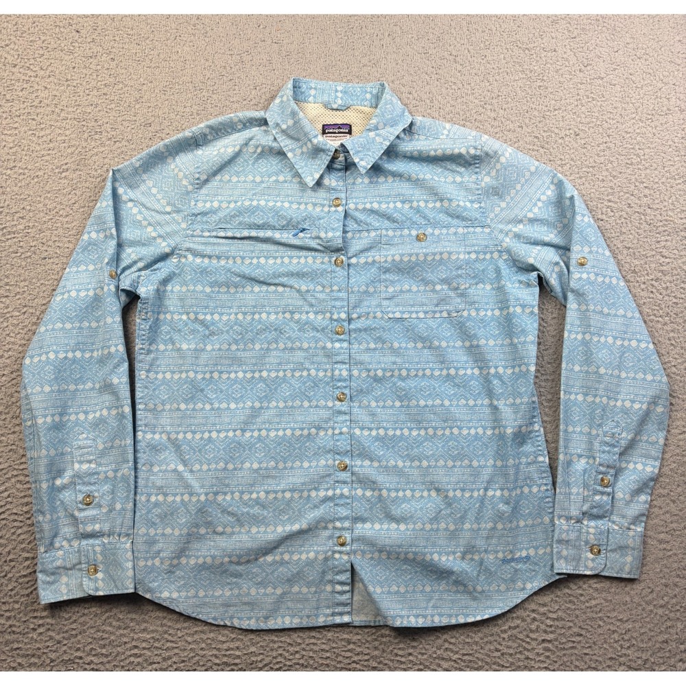 Patagonia Shirt Womens Island Hopper II Button Down Fly Fishing Blue Medium